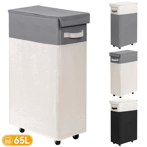 BGTREND 28" Tall & Slim Laundry Hamper with Lid 65L Rolling Laundry Hamper with Wheels Narrow Laundry Basket Collapsible Dirty Clothes Hamper (White & Gray)