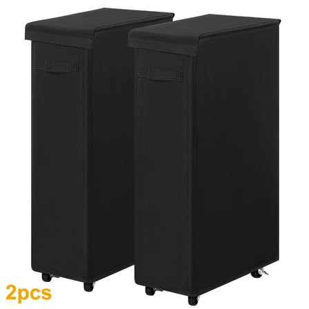 BGTREND 2pcs 28'' Tall & Slim Laundry Hamper with Lid and Wheels Narrow Laundry Basket Collapsible Dirty Clothes Hamper Portable Laundry Storage Bin Oxford (65L, Black)