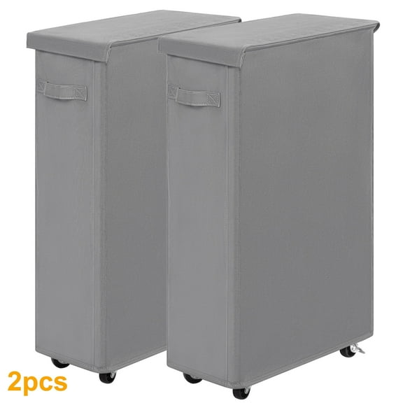 BGTREND 2pcs 28'' Tall & Slim Laundry Hamper with Lid and Wheels Narrow Laundry Basket Collapsible Dirty Clothes Hamper Portable Laundry Storage Bin Oxford (65L, Gray)