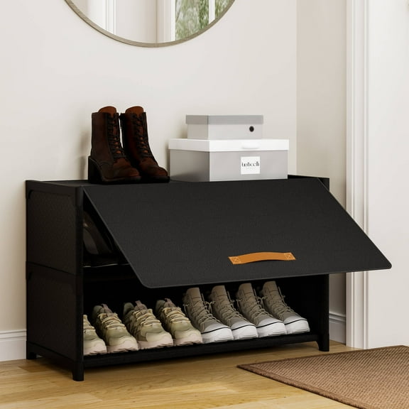 BGTREND 3 Tier Shoe Rack with Covers Shoe Storage Organizer Holds 12 Pairs for Closet Entryway Hallway, Black