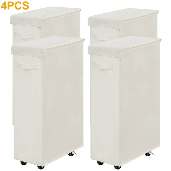 BGTREND 4pcs 28'' Tall & Slim Laundry Hamper with Lid and Wheels Narrow Laundry Basket Collapsible Dirty Clothes Hamper Portable Laundry Storage Bin Oxford (65L, Beige)