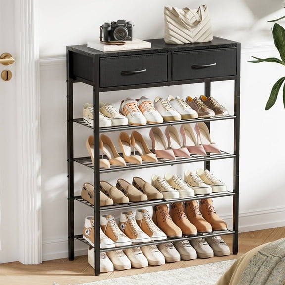 BGTREND 5-Tier Shoe Rack Organizer with Wooden Top and 2 Fabric Drawers, Shoe Stand Shelf for Entryway Hallway, Black
