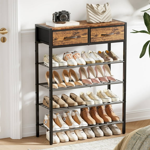 BGTREND 5-Tier Shoe Rack Organizer with Wooden Top and 2 Fabric Drawers, Shoe Stand Shelf for Entryway Hallway, Rustic Brown