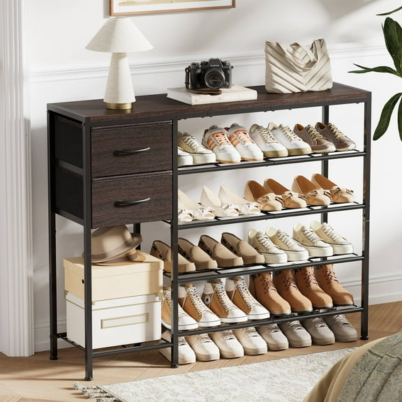 BGTREND 5-Tier Shoe Rack with Wooden Top and 2 Fabric Drawers, 16-21Pairs Shoe Storage Organizer with Boots Storage, Wide Shoe Stand for Entryway Hallway Closet (37.4''L, Brown)