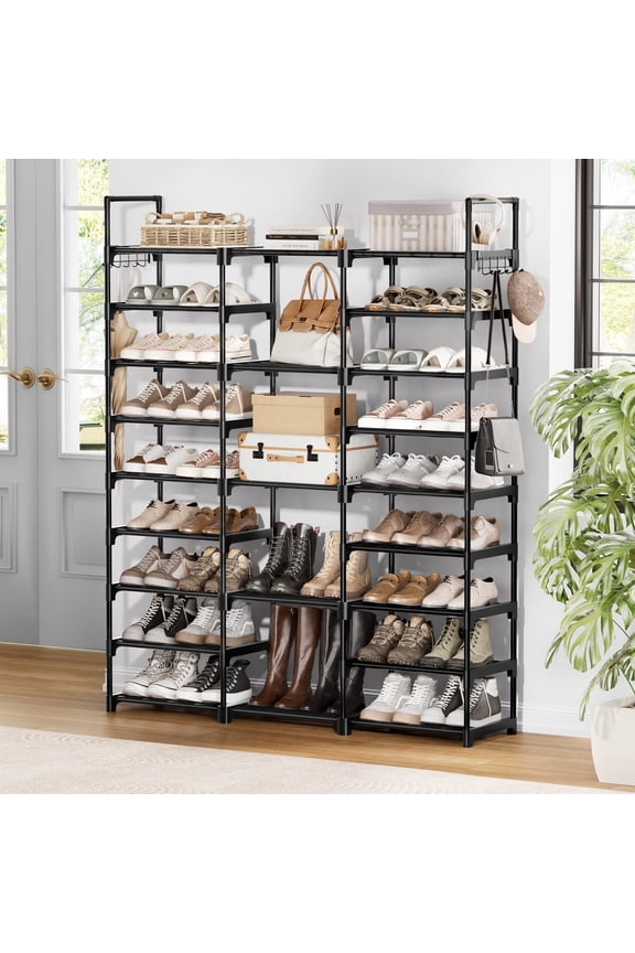9 Tiers Large Shoe Rack 3 Columns Metal Shoe Storage Organizer 50-55 Pairs Joinable Shoe Tower for Closet Entryway (62 inches, Black)