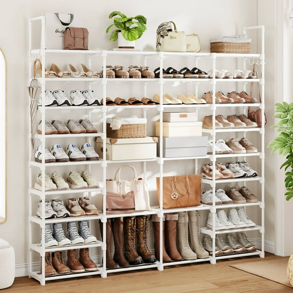 BGTREND 9 Tiers Large Shoe Rack 4 Columns Metal Shoe Storage Organizer 60-65 Pairs Joinable Shoe Tower for Closet Entryway (62 inches, White)