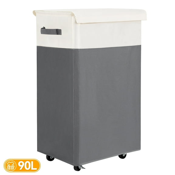 BGTREND 90L Laundry Hamper with Lid and Wheels Rolling Laundry Basket Collapsible Dirty Clothes Hamper for Bedroom Bathroom Closet (27.6 inches, Gray)