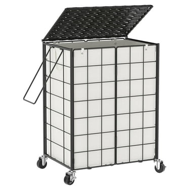 BGTREND 95L Laundry Basket with Lid and Wheels, Iron Wire Laundry Hamper with Rattan Lid and Removable Liner Bag, Rolling Hamper with Handle for Adult (Black & Beige)