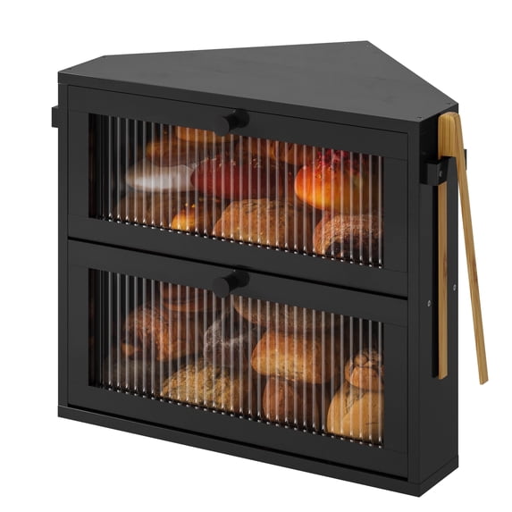 BGTREND Double Layer Bamboo Bread Box for Kitchen Countertop, Spacious Wooden Corner Bread Storage Container, Under Cabinet Organizer (Black, Medium)