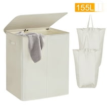 BGTREND Double Laundry Hamper 155L with Lid and 2 Removable Liner Bags Collapsible Laundry Basket Dirty Clothes Hamper (Beige)