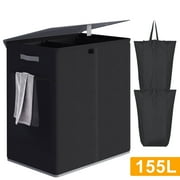 BGTREND Double Laundry Hamper with Lid 155L Laundry Basket with Removable Liner Bags & Side Mesh Pocket Collapsible Laundry Sorter Dirty Clothes Hamper (Black)