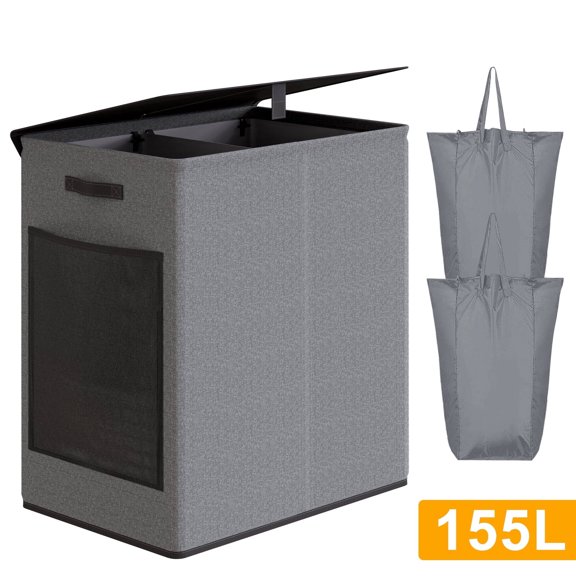 BGTREND Double Laundry Hamper with Lid 155L Laundry Basket with Removable Liner Bags & Side Mesh Pocket Collapsible Laundry Sorter Dirty Clothes Hamper (Dark Gray)