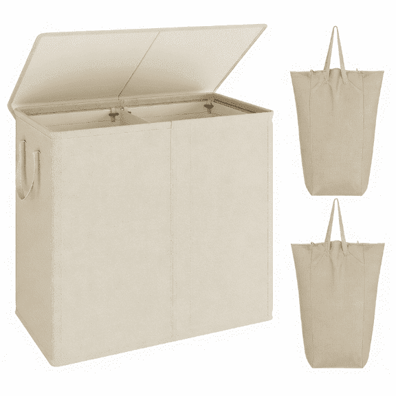 BGTREND Double Laundry Hamper with Lid 110L Laundry Basket with Removable Liner Bags Collapsible Laundry Sorter Dirty Clothes Hamper (Wheat)