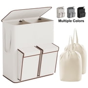 BGTREND Double Laundry Hamper with Lid, 180L Dirty Clothes Basket with 2 Removable Bags & 2 Side Pockets, Collapsible Laundry Sorter, Beige