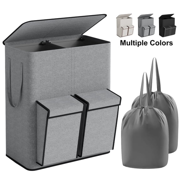 BGTREND Double Laundry Hamper with Lid, 180L Dirty Clothes Basket with 2 Removable Bags & 2 Side Pockets, Collapsible Laundry Sorter, Gray