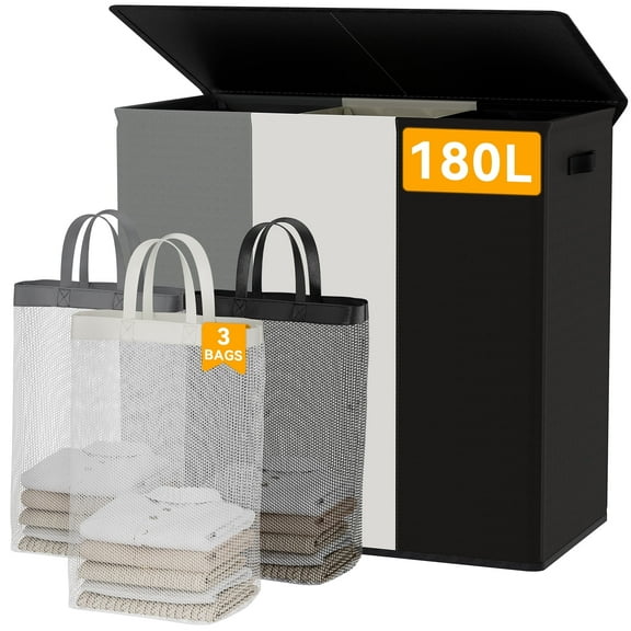 BGTREND Large Laundry Basket with Lid, 180L 3 Section Laundry Hamper with Mesh Lining Bags, Foldable Clothes Hamper for Bathroom Bedroom Closet, Adult, Black White Gray
