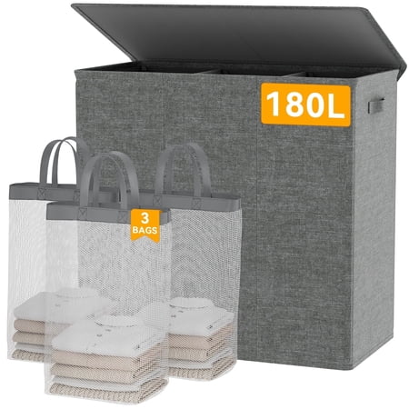 BGTREND Large Laundry Basket with Lid, 180L 3 Section Laundry Hamper with Mesh Lining Bags, Foldable Clothes Hamper for Bathroom Bedroom Closet, Adult, Dark Gray