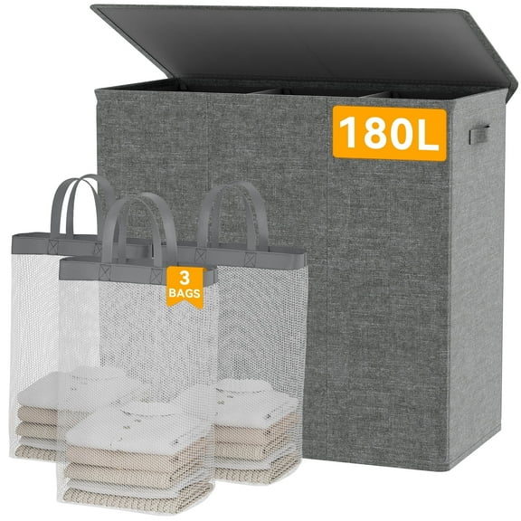 BGTREND Large Laundry Basket with Lid, 180L 3 Section Laundry Hamper with Mesh Lining Bags, Foldable Clothes Hamper for Bathroom Bedroom Closet, Adult, Dark Gray