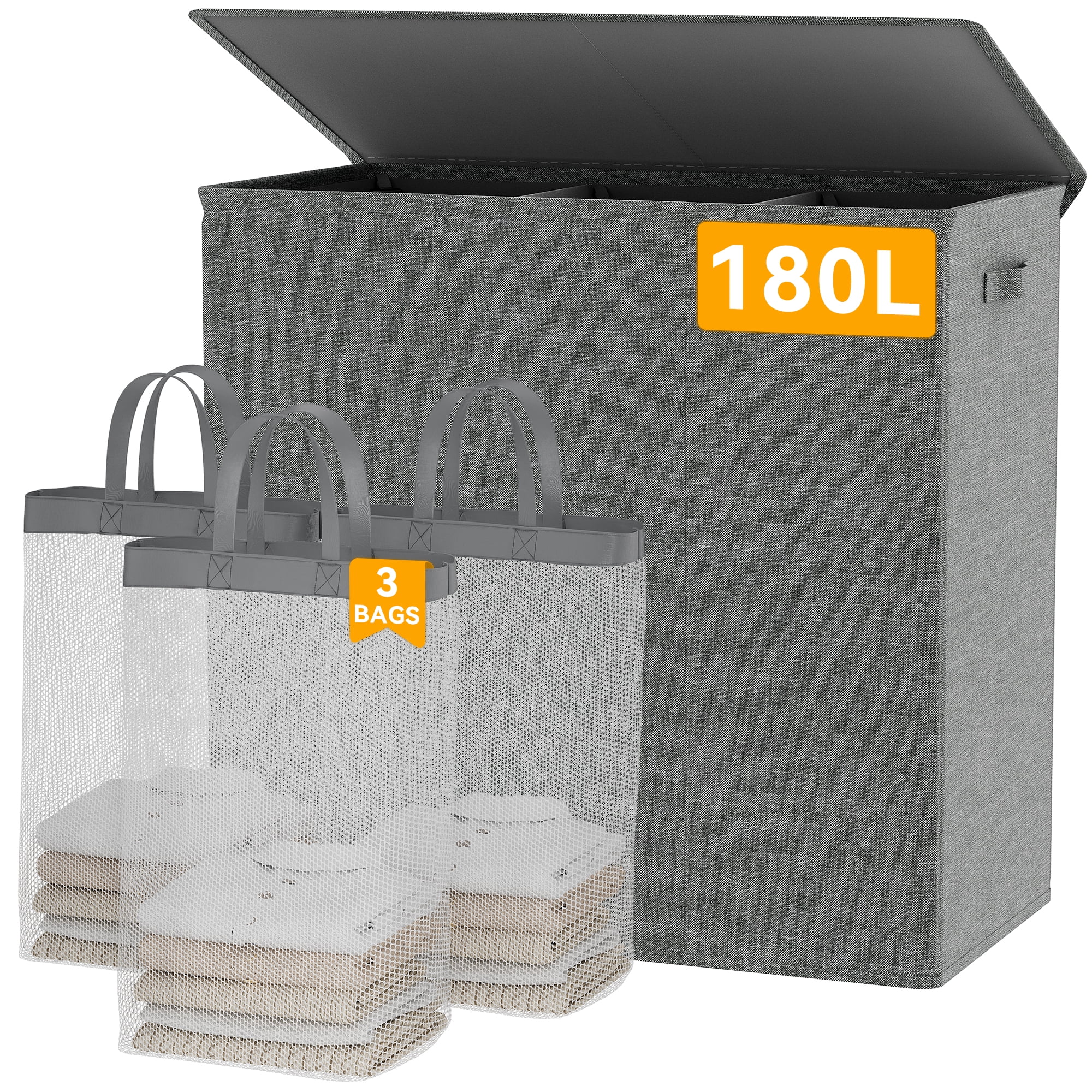 BGTREND Large Laundry Basket with Lid, 180L 3 Section Laundry Hamper with Mesh Lining Bags, Foldable Clothes Hamper for Bathroom Bedroom Closet, Adult, Dark Gray