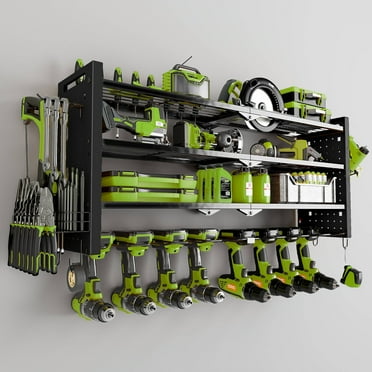 BGTREND Power Tool Organizer Wall Mount with 8 Cordless Drill Holders, 4 Layers Heavy Duty Tool Storage Shelf Organizer (Black)