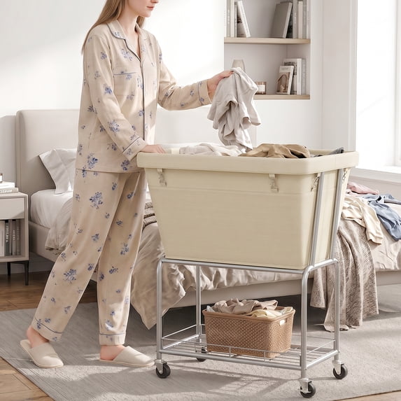 BGTREND 130L Rolling Laundry Cart with Storage Shelf, Metal Frame Clothes Hamper with Removable Bag, 4 Casters with 2 Brakes, Utility Carts, Beige