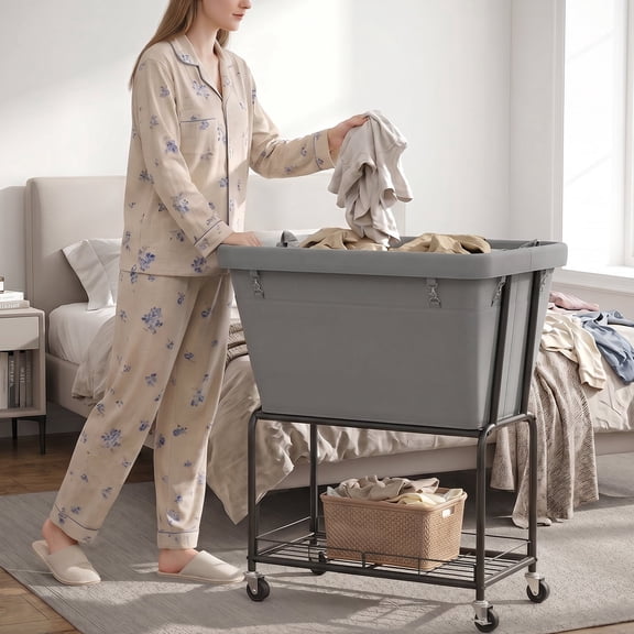 BGTREND 130L Rolling Laundry Cart with Storage Shelf, Metal Frame Clothes Hamper with Removable Bag, 4 Casters with 2 Brakes, Utility Carts, Gray