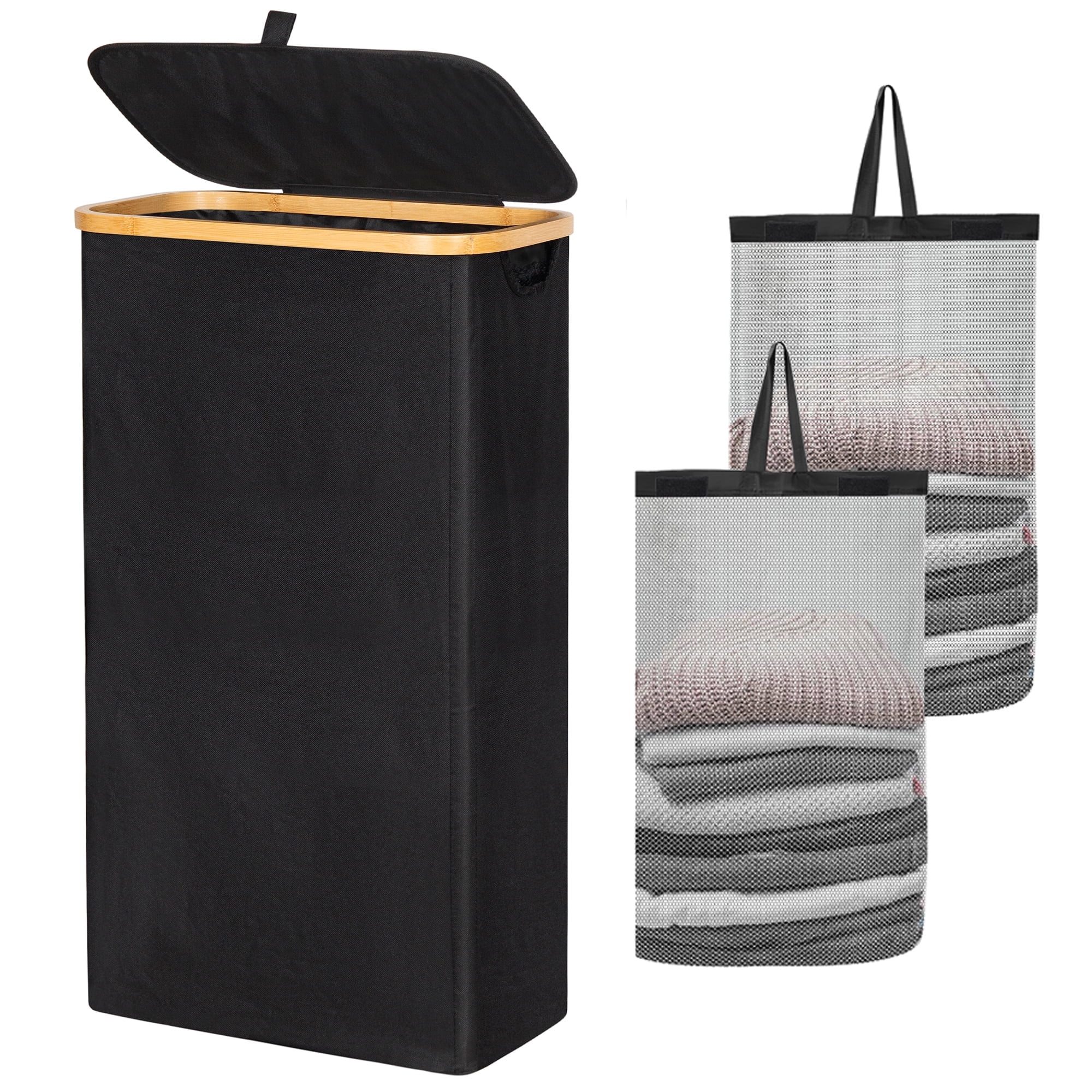 BGTREND Slim Laundry Hamper with Lid 75L Foldable Clothes Basket with 2 Removable Mesh Bags & Bamboo Handle for Closet Bathroom Bedroom (27.5 inches, Black)