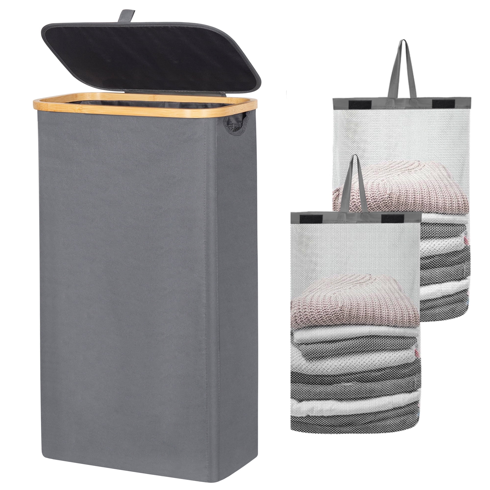 BGTREND Slim Laundry Hamper with Lid 75L Foldable Clothes Basket with 2 Removable Mesh Bags & Bamboo Handle for Closet Bathroom Bedroom (27.5 inches, Gray)