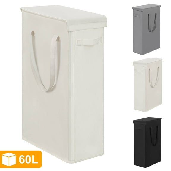 BGTREND Tall & Slim Laundry Hamper with Lid and handles Narrow Laundry Basket Collapsible Dirty Clothes Hamper Portable Laundry Storage Bin Oxford (60L, Beige)