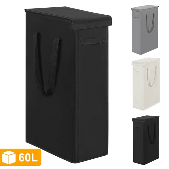 BGTREND Tall & Slim Laundry Hamper with Lid and handles Narrow Laundry Basket Collapsible Dirty Clothes Hamper Portable Laundry Storage Bin Oxford (60L, Black)