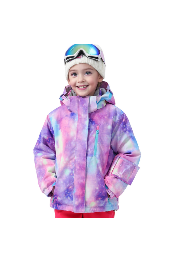 Girls Ski Jacket Waterproof Insulated Warm Winter Snow Coat With Hooded Snowboard Skiing Jackets for Kids(8-9 Years, Purple Galaxy)