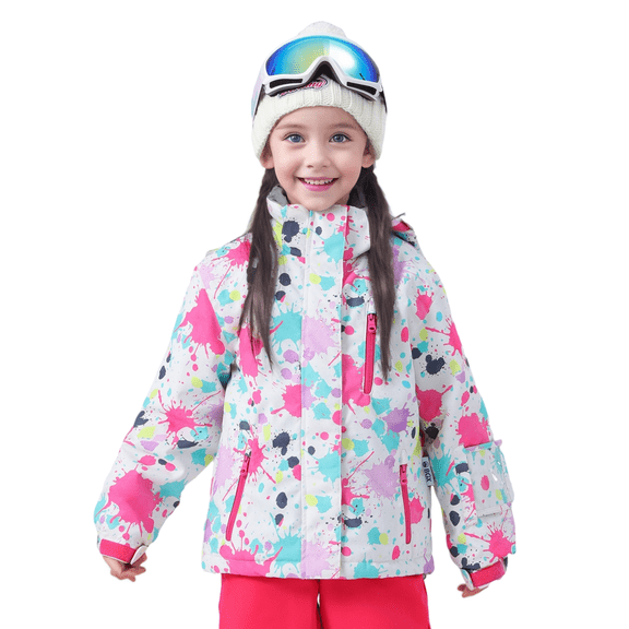 BGX Girls Ski Jacket Waterproof Insulated Warm Winter Snow Coat With Hooded Snowboard Skiing Jackets for Kids(8-9 Years, White Splash-ink)