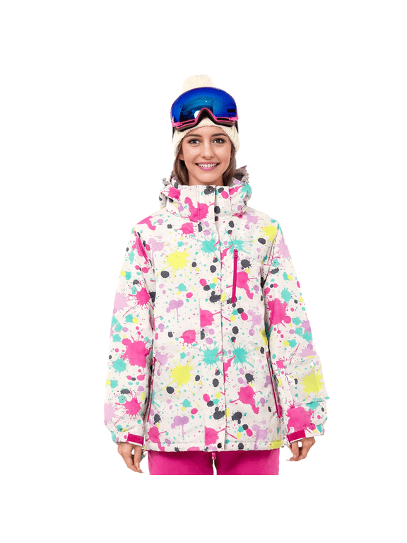 Women's Ski Jacket Waterproof Winter Snow Coats With Hooded for Skiing Snowboarding Outdoor(White Splash-ink,XL)