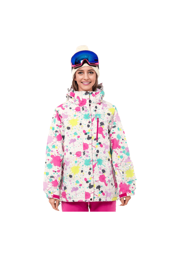 Women's Ski Jacket Waterproof Winter Snow Coats With Hooded for Skiing Snowboarding Outdoor(White Splash-ink,XL)