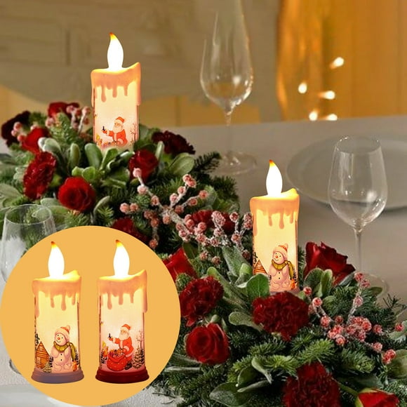 BGZLEU 2PC Christmas White LED Flameless Flickering Candles Battery Operated, Realistic 3D Flameless Pillar Candles, Fiber Optic Christmas LED Candles, Snowman Santa Gnomes Flameless Pillar Candles