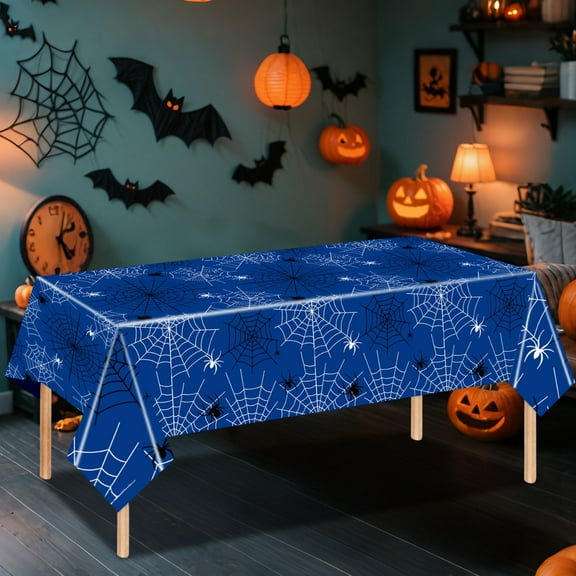 BGZLEU 42 x 70 Inch Spider Web Plastic Tablecloth - Spiderweb with Spiders Designs, Disposable Rectangle Table Cover for Dining, Birthday, Halloween, Spooky Themed Decorations (Blue)