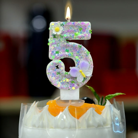 BGZLEU 5th Birthday Candles for Cake with Sprinkles, Sweet Birthday Party Decorations Butterfly FlowersBirthday Party Supplies, 2.7 inch Cake Topper Decorations Silver Edge (Number 5)