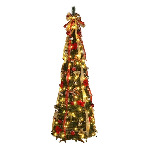 BGZLEU 6ft Pre lit Eject Christmas Tree with Lights, Pre-Decorated Artificial Pencil Xmas Tree Collapsible Christmas Tree Holiday Party Decorations (Red)