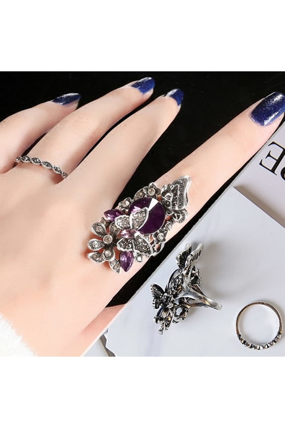 BGZLEU 925 Sterling Silver Vintage Rings For Woman - Butterfly Flower Design With Amethyst Ring, Jewelry Gift for Her