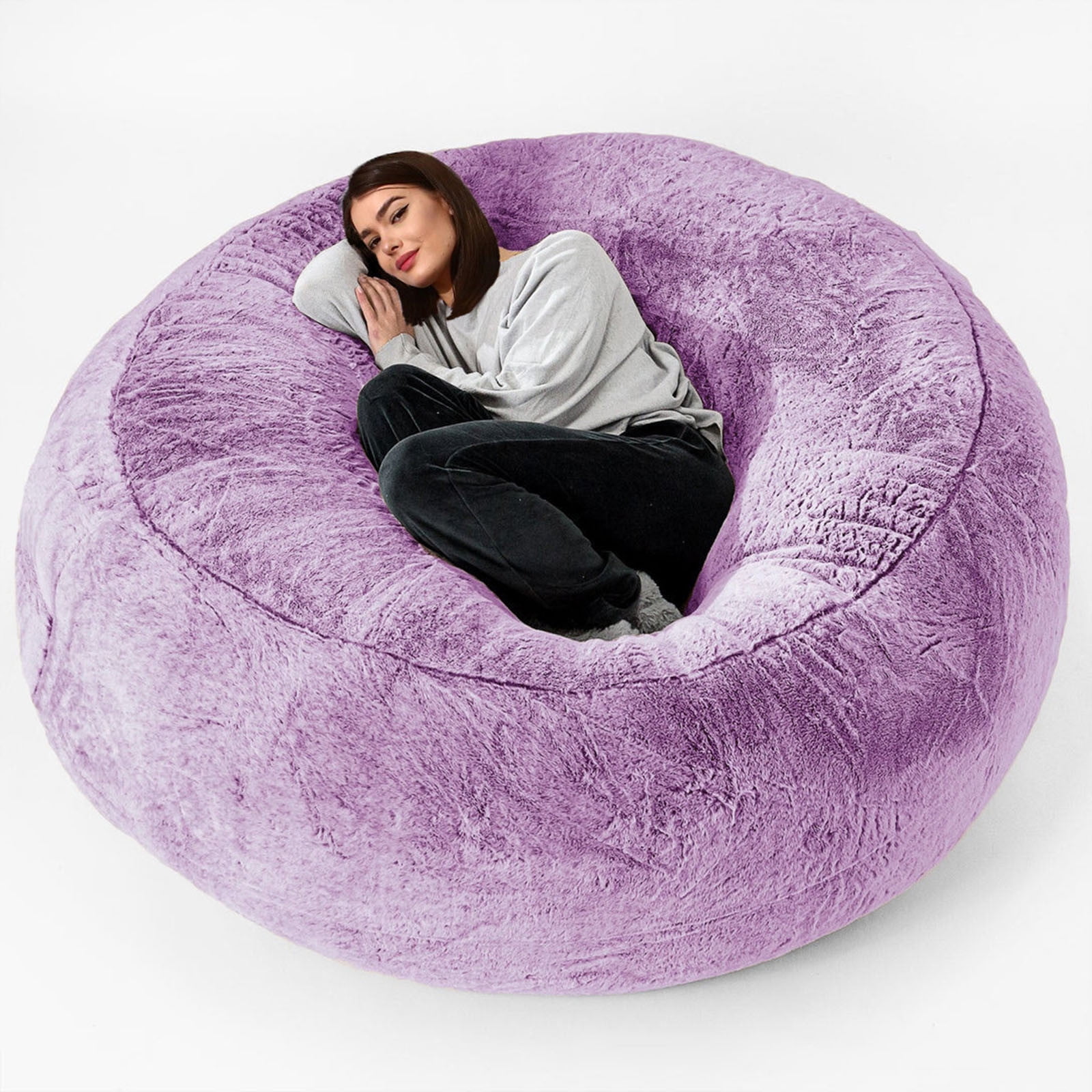 BGZLEU Bean Bag Chair Cover(it was only a Cover, not a Full Bean Bag) Chair Cushion, Big Round Soft Fluffy PV Velvet Sofa Bed Cover, Living Room Furniture, Lazy Sofa Bed Cover,4.5ft Purple