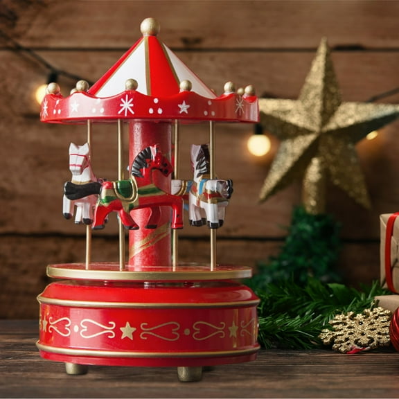 BGZLEU Christmas Mini Carousel Music Box, LED Light Show Musical Decoration, Vintage Carousel Music Box Clockwork Mechanism for Birthday, Musical Christmas Figurine Plays Jingle Bells