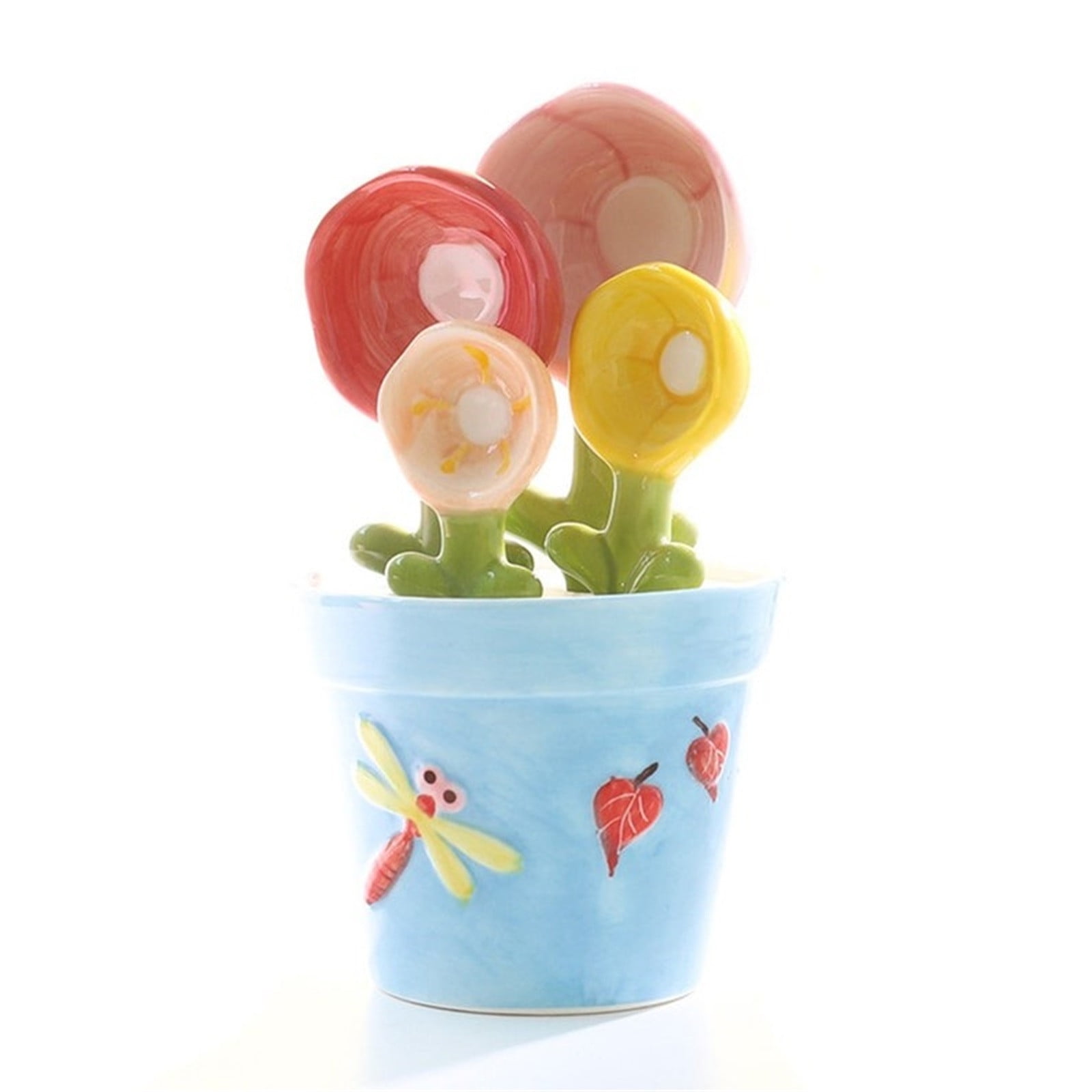 Flower Measuring Spoons Set In Pot - Ceramic Baking Spoons With Holder (1 Tbsp, 1 Tsp, 1/2, 1/4)