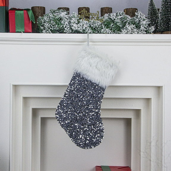 BGZLEU Gray Sequin Christmas Stocking, Large Xmas Hanging Stocking for Christmas Fireplace Holiday Decorations, Christmas Favor Treat Stocking Gift Bag for Holiday Fireplace Wall Xmas Tree Party