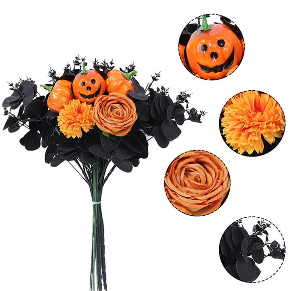 BGZLEU Halloween Artificial Flowers Pumpkin Bunch with Black Maple Leaves Rose Fall Flowers for Autumn Fall Gothic Floral Arrangements Fall Party Table Centerpiece Decor Decoration for Home