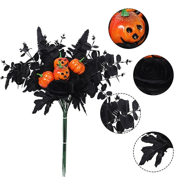 BGZLEU Halloween Artificial Flowers Pumpkin Bunch with Black Maple Leaves Rose Fall Flowers for Autumn Fall Gothic Floral Arrangements Fall Party Table Centerpiece Decor Decoration for Home