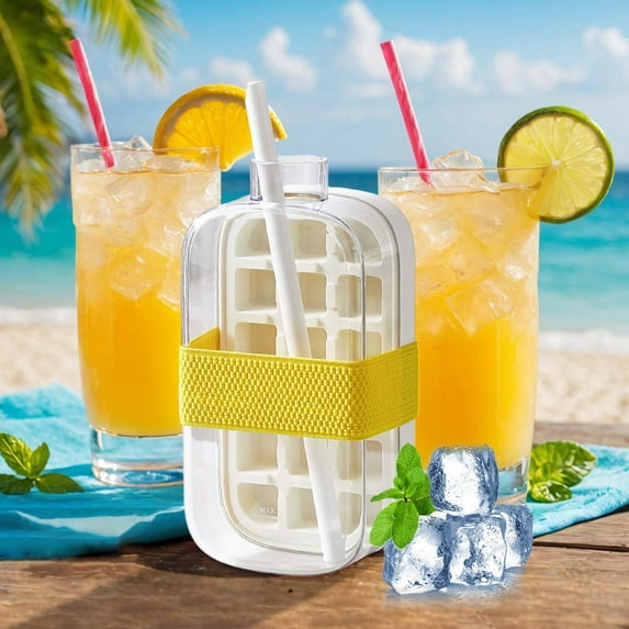 BGZLEU Ice Cube Bottle, 2in1 Touch Free Ice Cube Tray Water Bottle Come With Reusable Straw Tray Easy To Take Ice By Pressing Suitable For Coffee Juice Drinks (F)