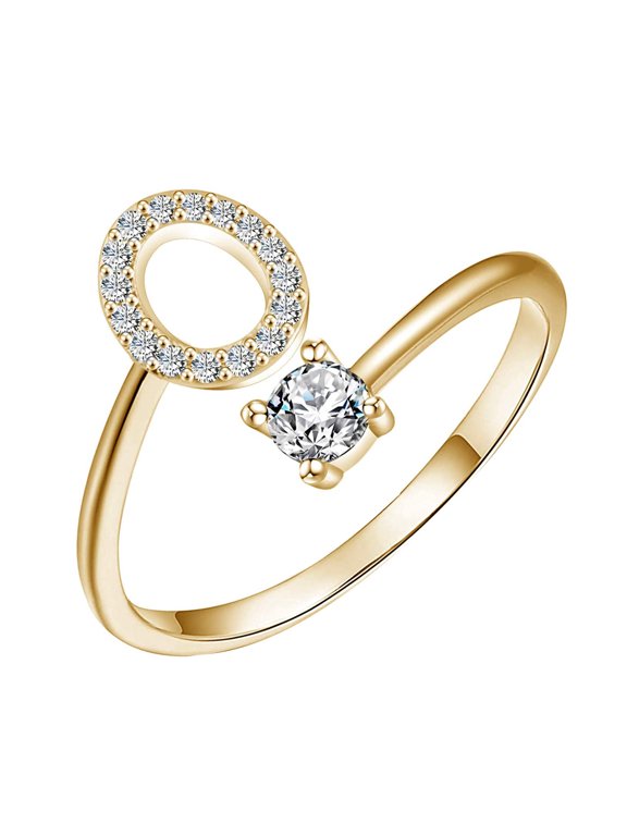 BGZLEU Initial Letter Ring for Women Golden Stackable Alphabet Rings with Initial Adjustable Crystal Inlaid Initial Rings(O)