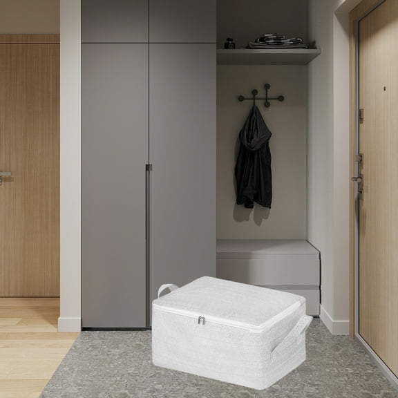 BGZLEU Large Linen Fabric Foldable Storage Bin Cube Organizer Basket with Flip-Top Lid & Handles, Clothes Blanket Box for Home, Office, Closet, Gray（White,13.77x9.84x7.87in）