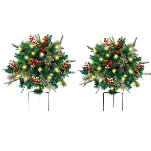 BGZLEU Lighted Artificial Christmas Urn Filler, Pre-lit Xmas Pine Trees with Cones, Golden & Red Berries, Tripod Stake and 40 LED Lights, Outdoor Light Up Planter Filler Holiday Home Decor, 2 Pack
