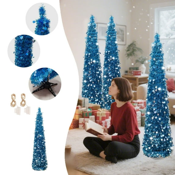 BGZLEU P-op Up Christmas Tree with 2 LED Light String 5FT Collapsible Easy-Assembly Coastal Glitter Tinsel Pencil Tree for Porch Apartment Corner Home Party Christmas Mothers Day Decorations